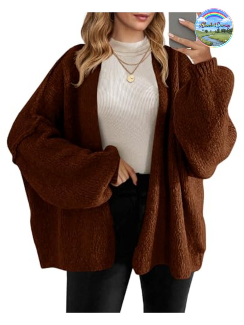 Oversized Open Front Cardigan Chunky Knit Lantern Sleeve Sweater